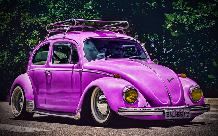 Volkswagen Beetle, 4k, voitures r&#233;tro, 1968 voitures, tuning, lowrider, Purple Beetle, 1968 Volkswagen Beetle, HDR, VW Beetle, Volkswagen