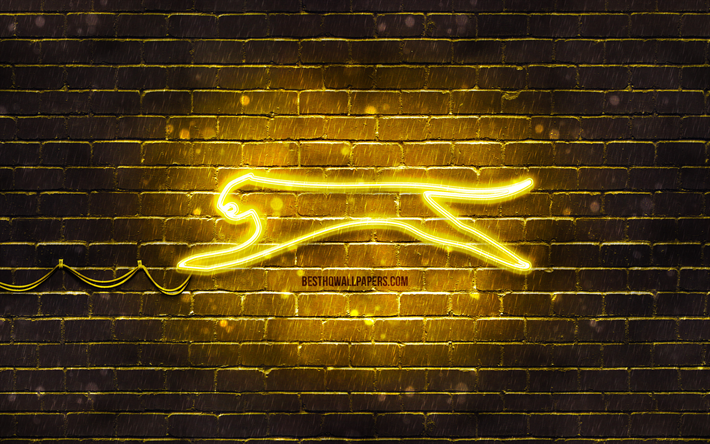 Logotipo amarelo Slazenger, 4k, parede de tijolos amarelos, logotipo Slazenger, marcas, logotipo neon Slazenger, Slazenger