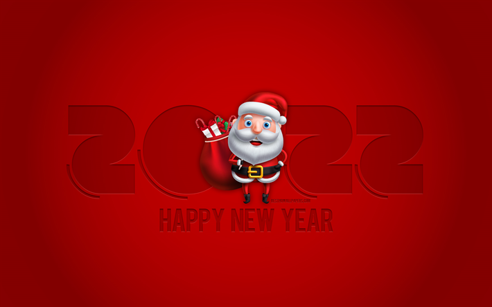 Felice Anno Nuovo 2022, Babbo Natale, 4k, Capodanno 2022, sfondo 2022 con Babbo Natale, Sfondo rosso 2022, Biglietto di auguri 2022