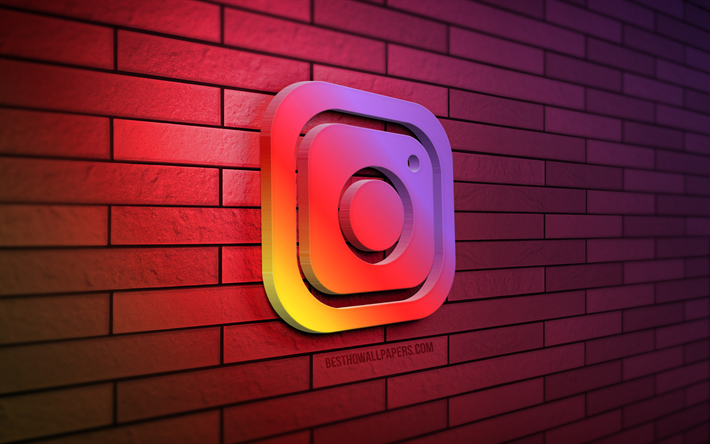 Logotipo de Instagram 3D, 4K, pared de ladrillos arco iris, creativo, red social, logotipo de Instagram, arte 3D, Instagram
