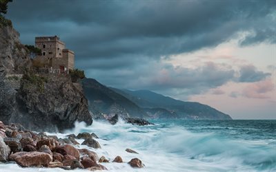sea, waves, storm, Castle, Cinque Terre, Gulf of Genoa, Liguria, Torre Aurora, Dawn Tower, Italy, Monterosso al Mare