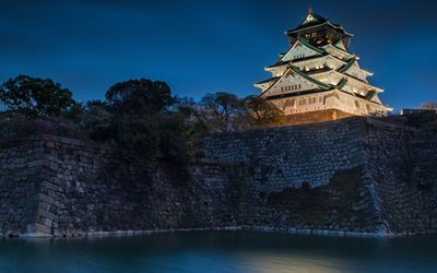 Castello di Osaka, Osaka, castello antico, notte, Giappone