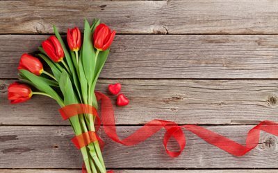 bouquet of tulips, romance, red tulips, red ribbon, red heart, Valentines Day
