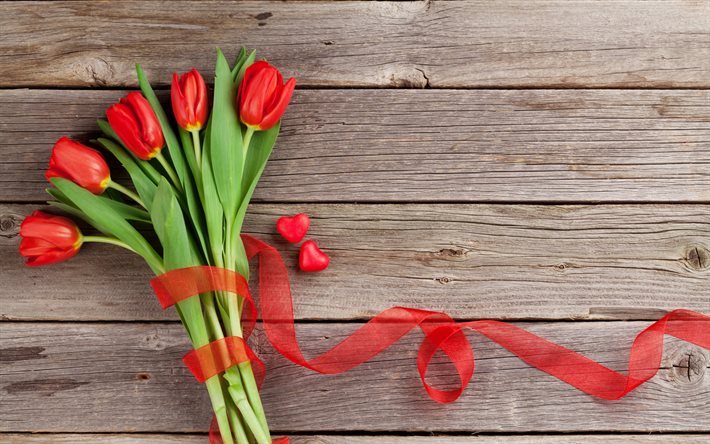buqu&#234; de tulipas, romance, tulipas vermelhas, fita vermelha, cora&#231;&#227;o vermelho, Dia Dos Namorados