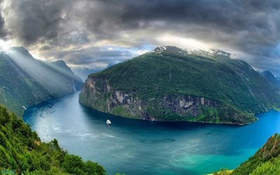 Norway, fjord, rocks, sun, ship, mountains