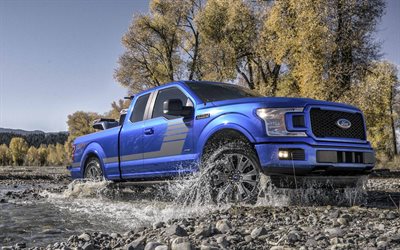 Ford F-150, 2018, new blue pickup truck, 4k, SUV, new F150, American cars, Ford