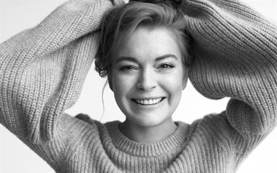 Lindsay Lohan, American actress, portrait, photoshoot, smile, monochrome, American young stars