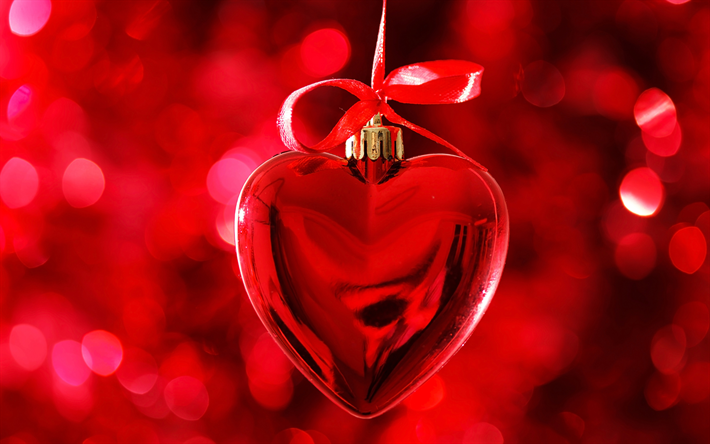 cœur, 4k, bokeh, saint Valentin, rouge, coeur, coeurs