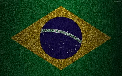 Flag of Brazil, 4k, leather texture, Brazilian flag, South America, Brazil