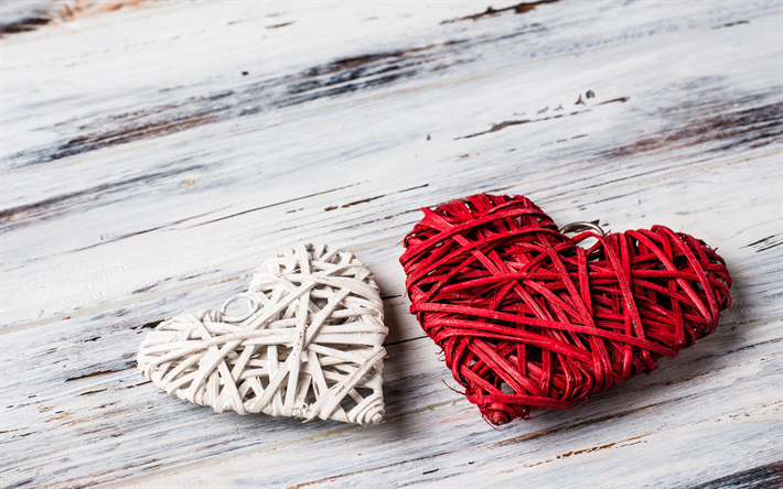 Due cuori, san Valentino, il 14 febbraio, il romanticismo, il tessuto cuori, rosso, cuore di vimini