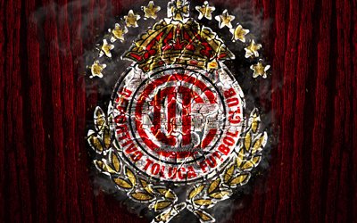 Deportivo Toluca, scorched logo, Primera Division, red wooden background, Liga MX, Mexican football club, grunge, Toluca FC, football, soccer, Deportivo Toluca logo, fire texture, Mexiсo