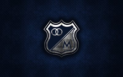 Millonarios FC, Colombian football club, blue metal texture, metal logo, emblem, Bogota, Colombia, Liga Aguila, creative art, football