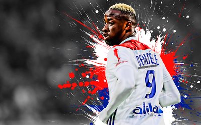 Moussa Dembele, 4k, French football player, Olympique Lyonnais, striker, red and blue paint splashes, creative art, Ligue 1, France, football, grunge