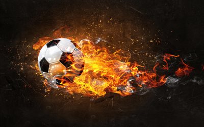 الكرة في النار, 4k, الكرة الطائرة, لهب النار, الإبداعية, كرة القدم, النار مع الكرة