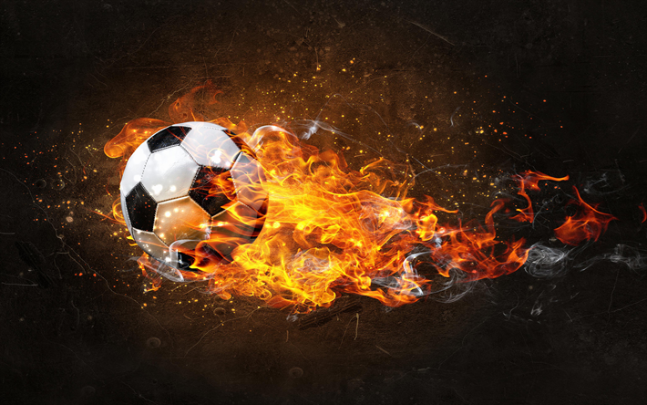 ボール火災, 4k, 飛ぶボール, 火炎の消火, 創造, サッカー, サッカーボール, 火災とボール