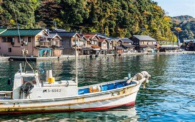 fishing boat, Japanese city, mountain landscape, summer, Kyoto, Japan, Honshu Island