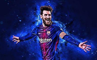 Messi, joy, FCB, Barcelona FC, close-up, argentinian footballers, La Liga, Spain, Lionel Messi, Leo Messi, neon lights, LaLiga, Barca, soccer, football stars