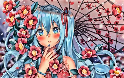 Miku Hatsune with umbrella, sakura, Vocaloid Characters, Hatsune Miku, spring, manga, Vocaloid, girl with blue eyes