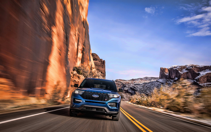 Ford Explorer, 砂漠, 2019両, Suv, motion blur, 2019年Ford Explorer, アメリカ車, フォード