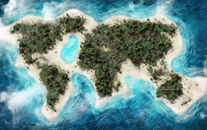 World Map, creative art, tropical island, world map concepts, ocean, islands