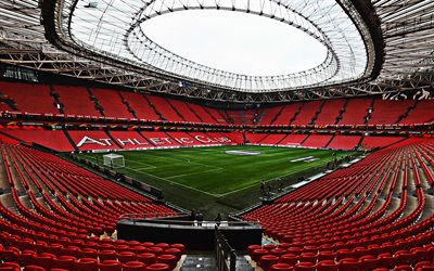 San Mames Stadium, spanish football stadium, Bilbao, Spain, Athletic Bilbao Stadium, inside view, red stands, football