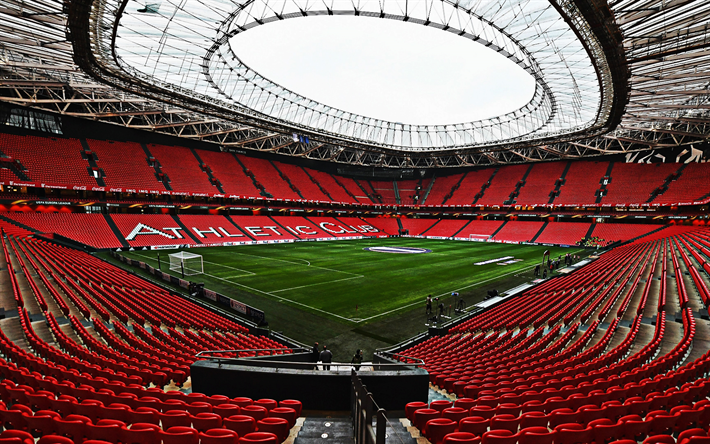 Stadio di San Mames, spagnolo stadio di calcio, Bilbao, in Spagna, l&#39;Atletico Bilbao Stadium, all&#39;interno di vista, il rosso sta, il calcio