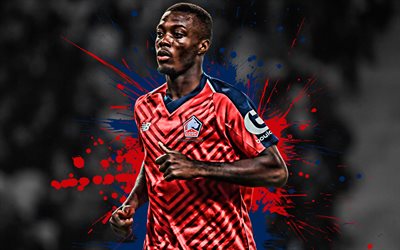 Nicolas Pepe, 4k, Ivorian football player, Lille OSC, striker, red and blue paint splashes, creative art, Ligue 1, Lille, France, football, grunge, Lille Olympique Sporting Club