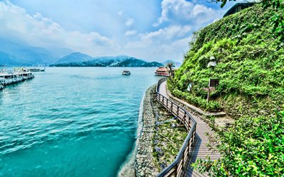 sonne-mond-see, 4k, hdr, schöne natur, sml, blue lake, taichung, taiwan, asien