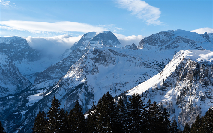 mountain landscape, winter, snow, Alps, rocks, Braunwald, Glarus, Switzerland