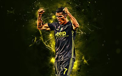 Cristiano Ronaldo, goal, black uniform, portuguese footballers, Juventus FC, Italy, CR7 Juve, Bianconeri, football stars, soccer, Serie A, striker, neon lights, CR7, abstract art