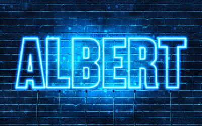 Albert, 4k, isim Albert adıyla, yatay metin, Albert adı, mavi neon ışıkları, resimli duvar kağıtları