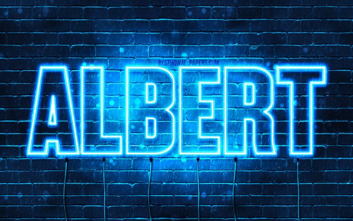Albert, 4k, taustakuvia nimet, vaakasuuntainen teksti, Albert nimi, blue neon valot, kuva Albert nimi