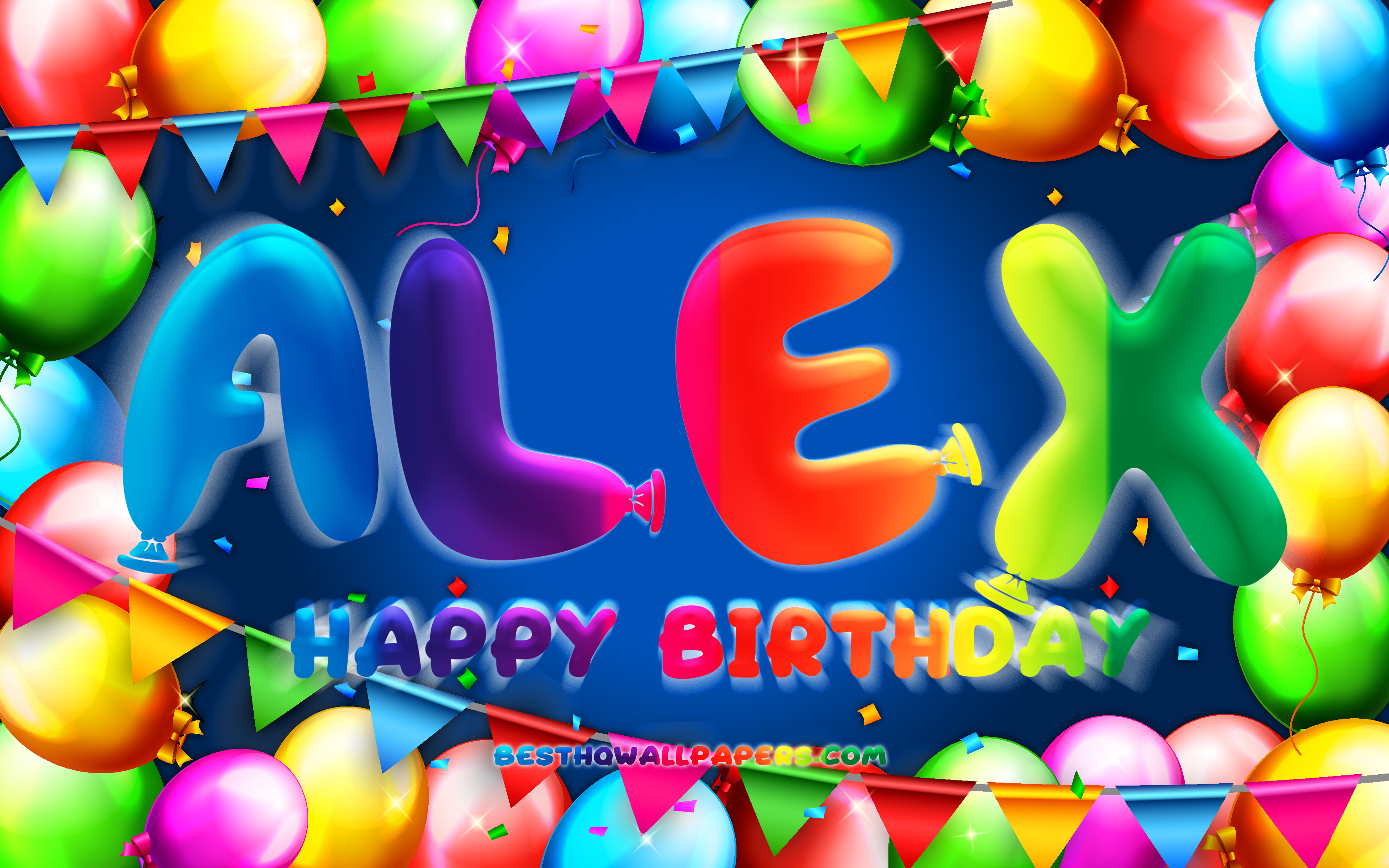 Скачать обои Happy Birthday Alex, 4k, colorful balloon frame, Alex name, blue background, Alex Happy Birthday, Alex Birthday, popular spanish male names, Birthday concept, Alex для монитора с разрешением 3840x2400. Картинки на