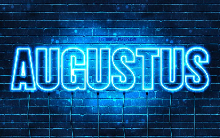 Augustus, 4k, taustakuvia nimet, vaakasuuntainen teksti, Augustus nimi, blue neon valot, kuva Augustus nimi