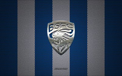 Brescia Calcio logo, Italian football club, metal emblem, blue white metal mesh background, Brescia Calcio, Serie A, Brescia, Italy, football