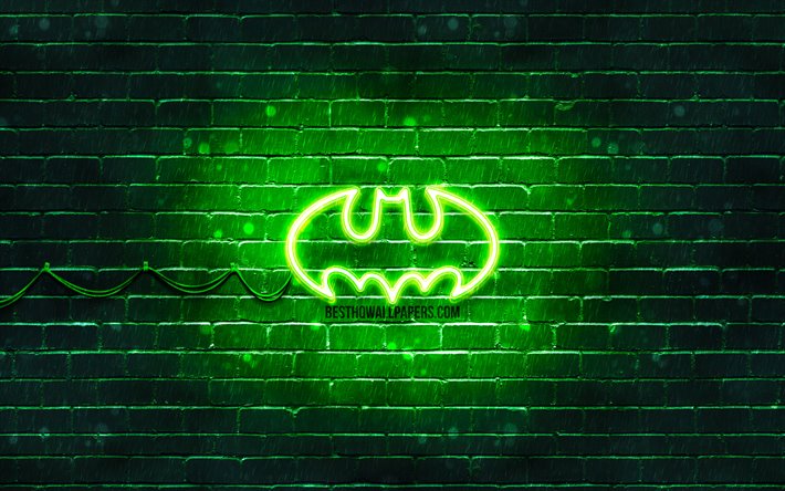 バットマンのグリーン-シンボルマーク, 4k, 緑brickwall, バットマンのロゴ, 嵐, バットマンネオンのロゴ, バットマン