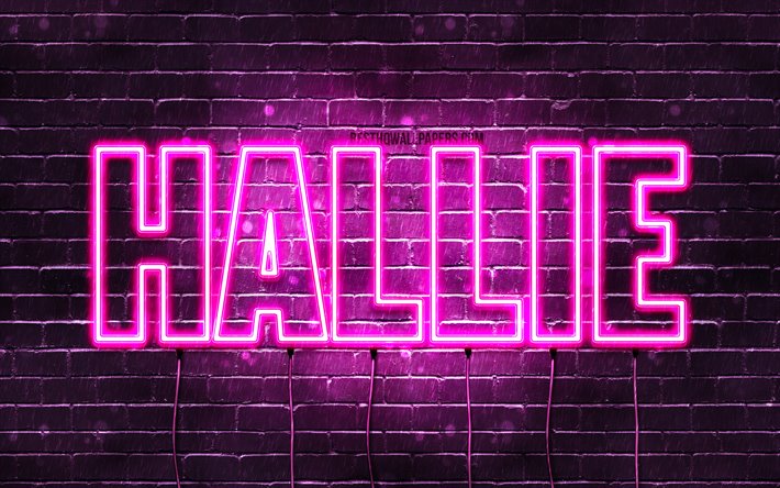 Hallie, 4k, wallpapers with names, female names, Hallie name, purple neon lights, horizontal text, picture with Hallie name