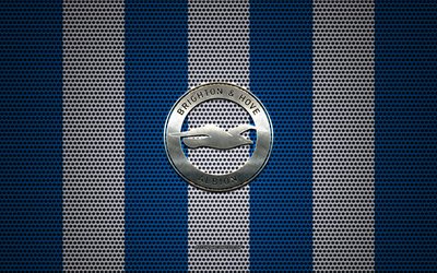 Brighton and Hove Albion FC logo, English football club, metal emblem, blue white metal mesh background, Brighton and Hove Albion FC, Premier League, Brighton, England, football