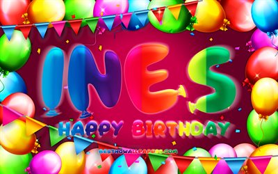 お誕生日おめでInes, 4k, カラフルバルーンフレーム, Ines名, 紫色の背景, Inesお誕生日おめで, Ines誕生日, 人気のスペインの女性の名前, 誕生日プ, アイネス
