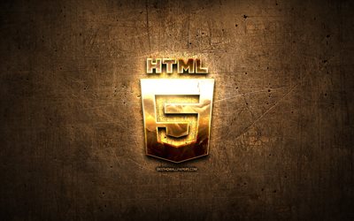 HTML5 golden logo, programming language, brown metal background, creative, HTML5 logo, programming language signs, HTML5
