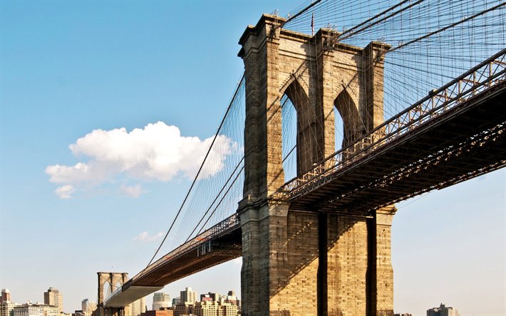 Brooklyn Bridge, New York City, East River, winter, morning, sunrise, New York cityscape, USA