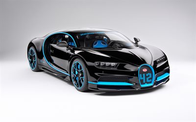 Bugatti Chiron, 2020, &#246;nden g&#246;r&#252;n&#252;m, hypercar, yeni siyah ve mavi Chiron, İsve&#231;li spor otomobil, Bugatti