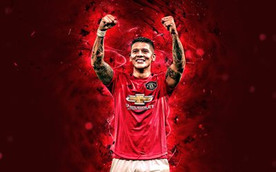 Marcos Rojo, 2020, Manchester United FC, goal, Argentine footballers, Premier League, Faustino Marcos Alberto Rojo, neon lights, soccer, football, Man United