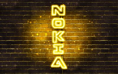 4K, Nokia yellow logo, vertical text, yellow brickwall, Nokia text logo, creative, Nokia logo, artwork, Nokia