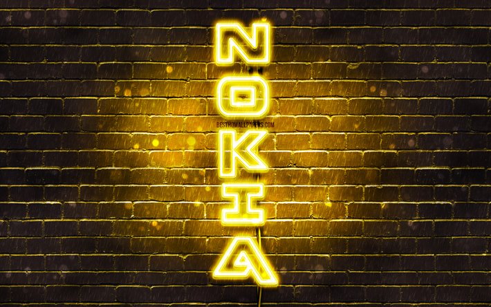 4K, Nokia logo jaune, le texte vertical, jaune brickwall, Nokia logo texte, cr&#233;atif, Nokia logo, illustration, Nokia