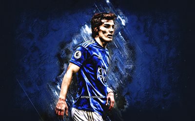 Caglar Soyuncu, Leicester City FC, turkish football player, portrait, Premier League, football, blue stone background