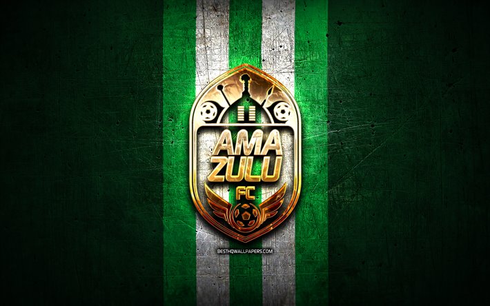 AmaZulu FC, golden logotyp, Premier Soccer League, gr&#246;n metall bakgrund, fotboll, AmaZulu, PSL, South African football club, AmaZulu logotyp, Sydafrika