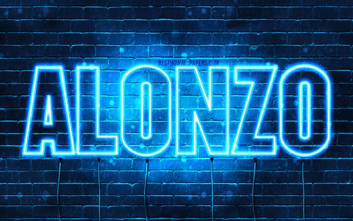Alonzo, 4k, les papiers peints avec les noms, le texte horizontal, Alonzo nom, bleu n&#233;on, une photo avec le nom Alonzo