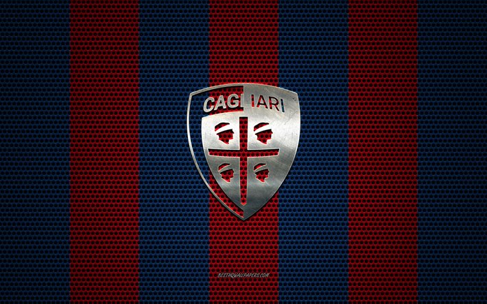 Cagliari Calcio logo, Italian football club, metal emblem, blue burgundy metal mesh background, Cagliari Calcio, Serie A, Cagliari, Italy, football