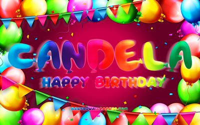 お誕生日おめでCandela, 4k, カラフルバルーンフレーム, Candela名, 紫色の背景, Candelaお誕生日おめで, Candela誕生日, 人気のスペインの女性の名前, 誕生日プ, キャンドル